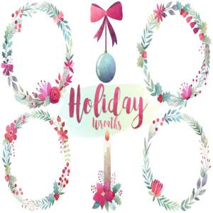 水彩画圣诞花环剪贴画素材 Watercolor Christmas Wreaths