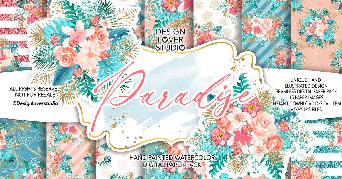 热带花卉水彩背景图片图案纹样设计素材 Paradise digital paper pack