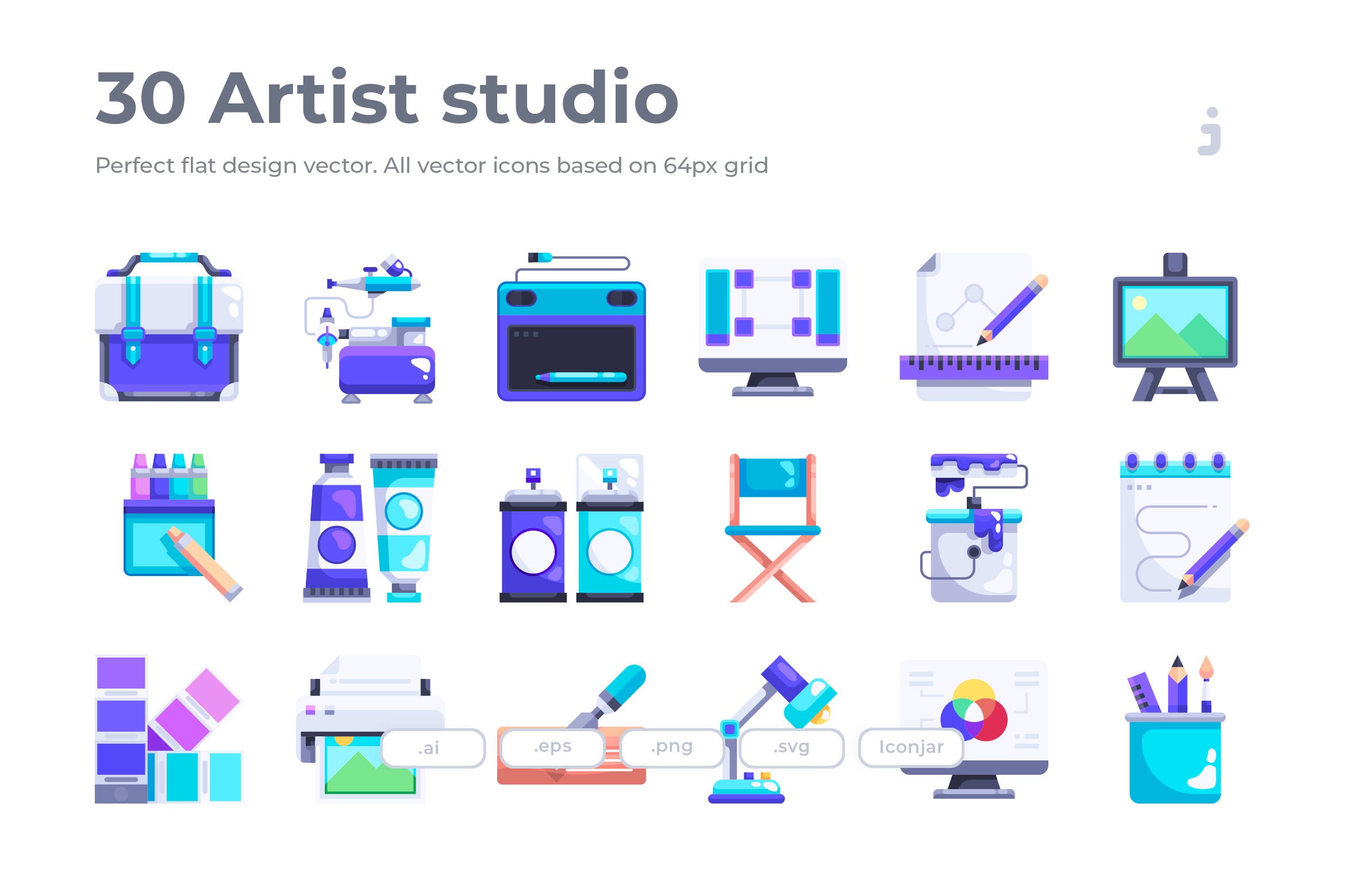 30枚艺术工作室扁平化设计图标 30 Artist studio Icons – Flat