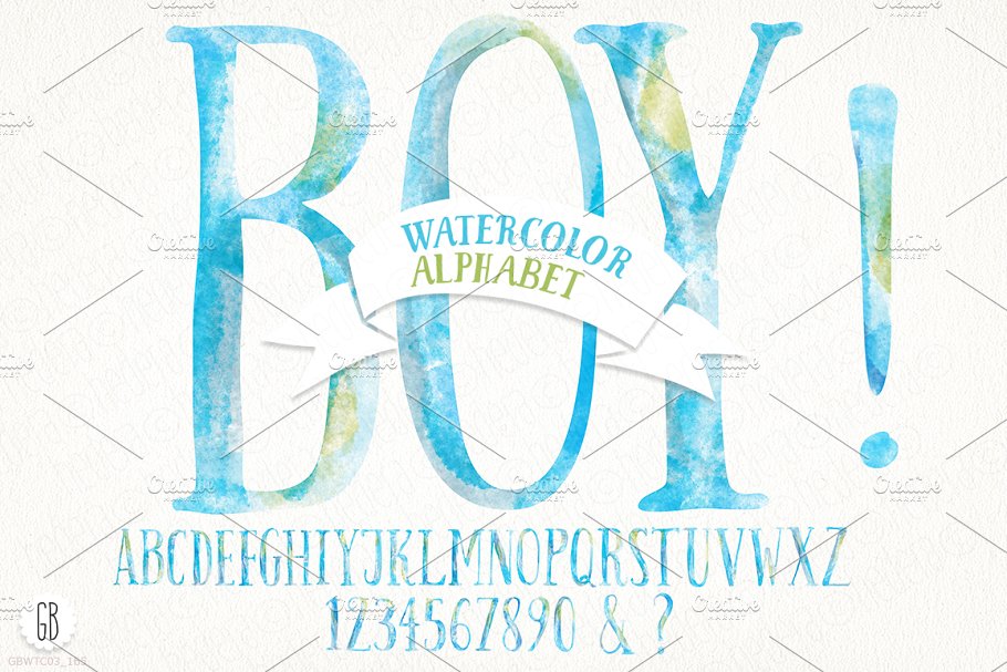 手绘的天空蓝色水彩字母 Watercolor baby boy alphabet