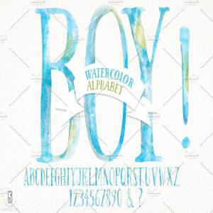 手绘的天空蓝色水彩字母 Watercolor baby boy alphabet