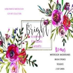 鲜艳的紫色水彩花卉剪贴画 Bright Purple Watercolor Flowers