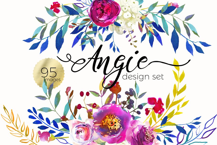 靛蓝粉红水彩花卉剪贴画 Indigo Pink Teal Watercolor Florals