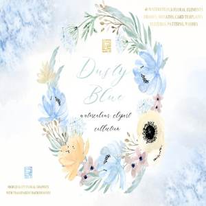 灰蓝色&金色水彩花卉图案 Dusty blue gold. Watercolor floral