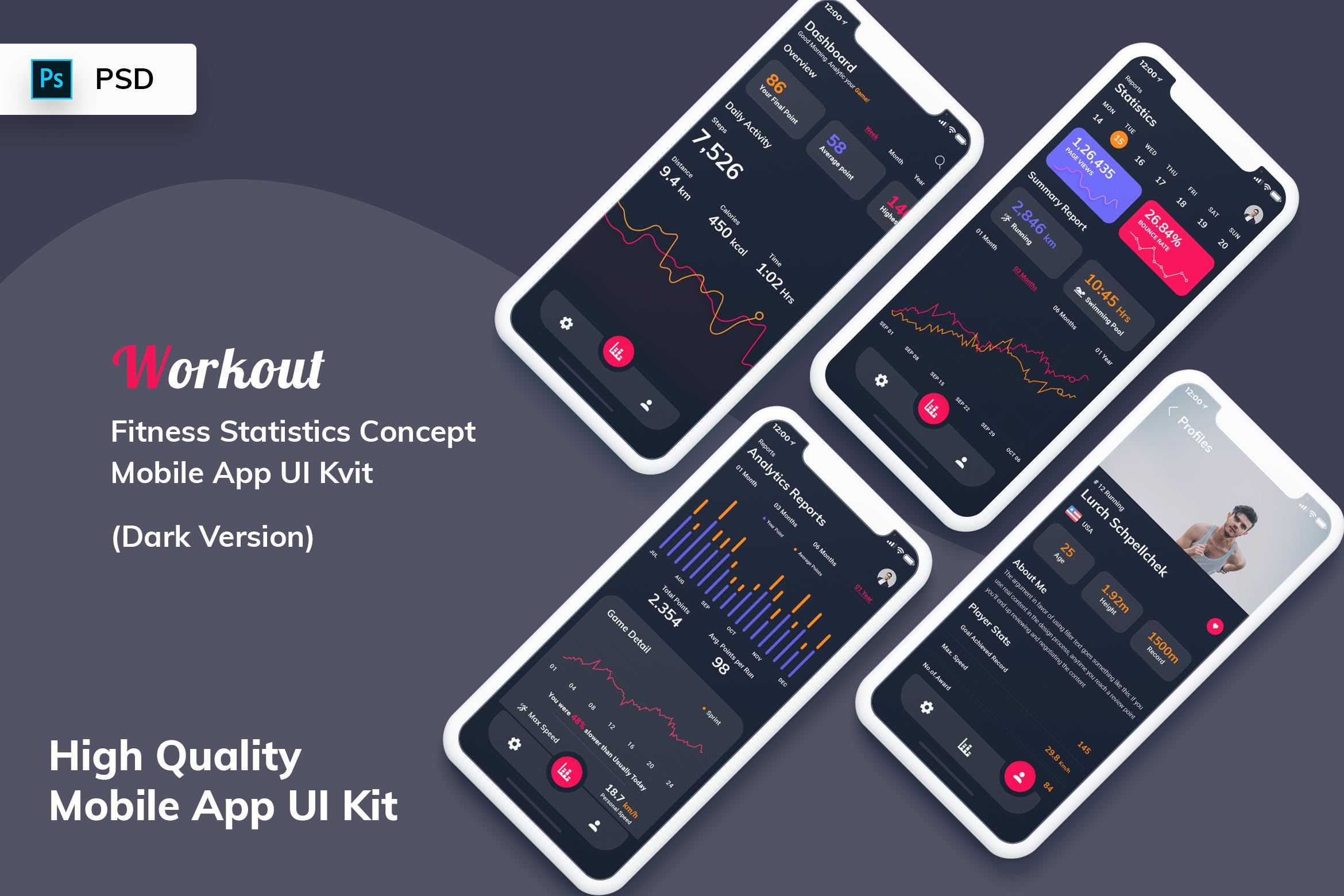 健身统计APP应用用户界面设计UI模板[酷黑版本] Fitness Statistics Mobile App Dark Version