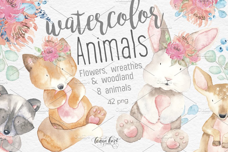 水彩动物和花卉剪贴画 Watercolor Animals, Flowers Clipart