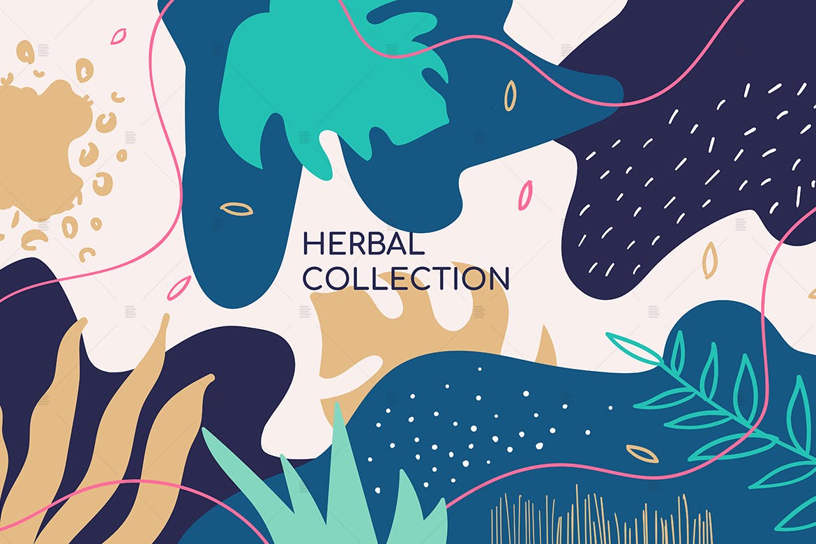抽象草药植物手绘图案矢量背景素材 Abstract herbal collection colorful banner