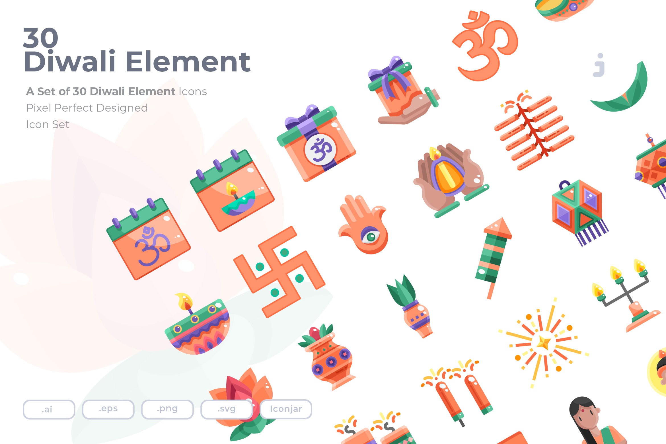 30枚扁平设计风格排灯节节日主题图标素材 30 Diwali Element Icons – Flat