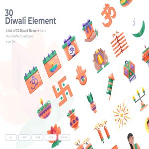 30枚扁平设计风格排灯节节日主题图标素材 30 Diwali Element Icons – Flat