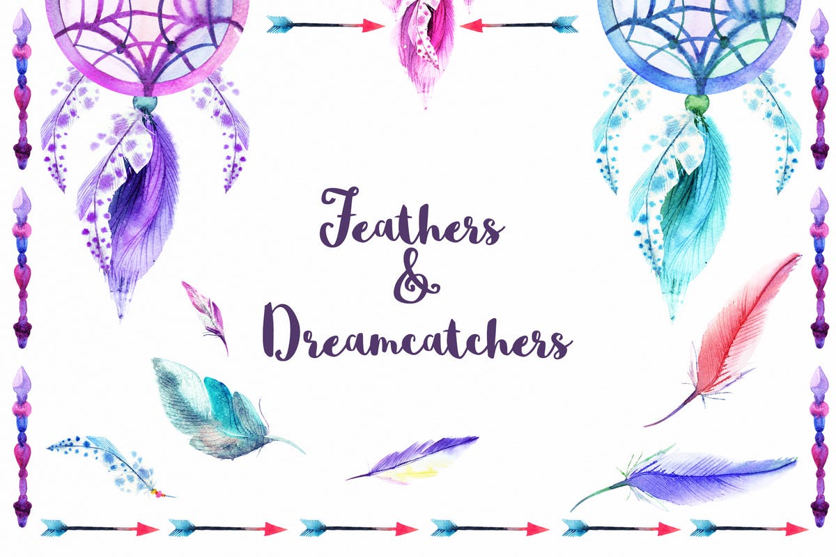 羽毛&追梦者元素水彩插画合集 Watercolor Feathers & Dreamcatchers