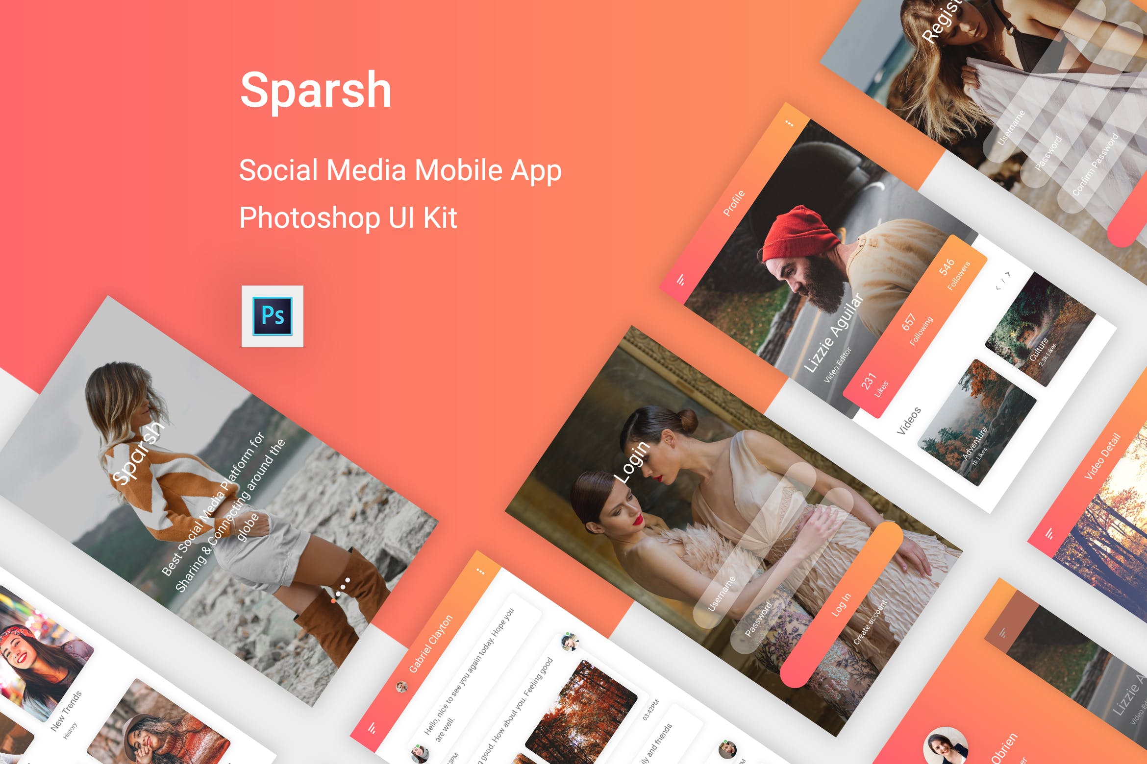 社交APP交友应用UI界面设计PSD模板 Sparsh – Social Media Mobile App for Photoshop