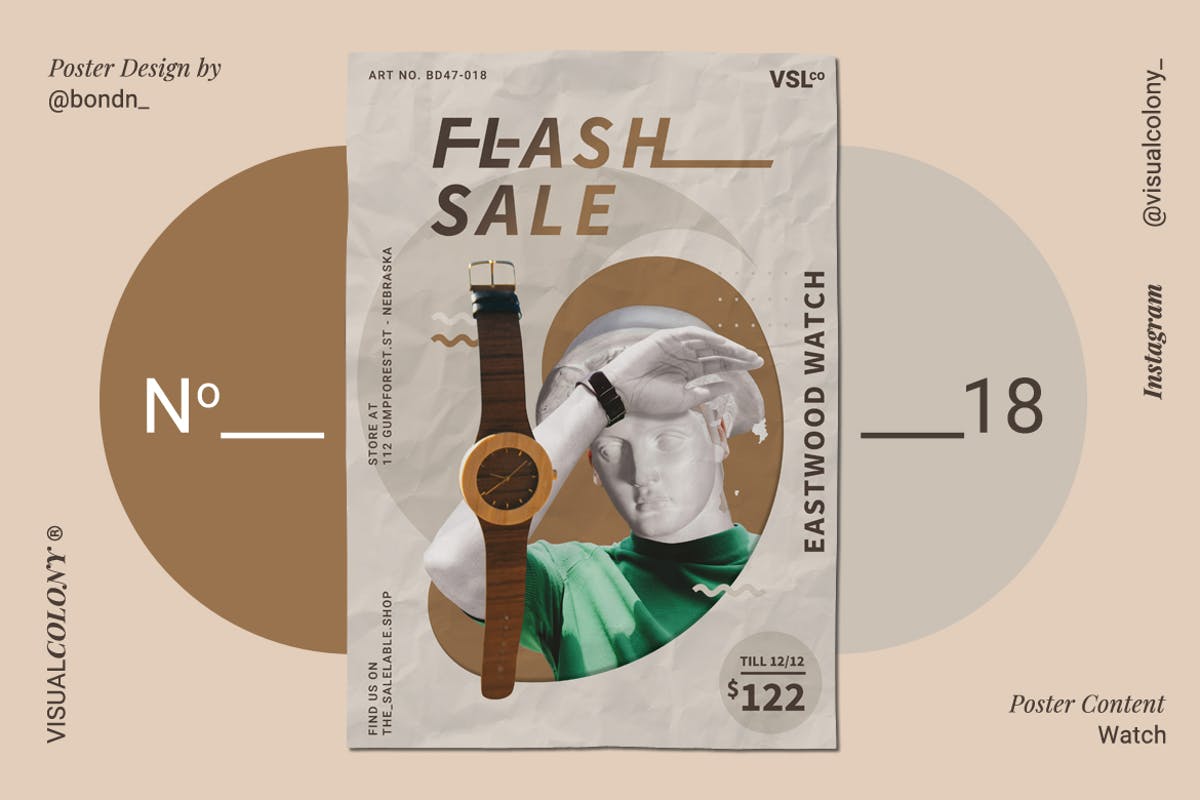 手表单品优惠促销海报设计模板 Wood Watch Poster