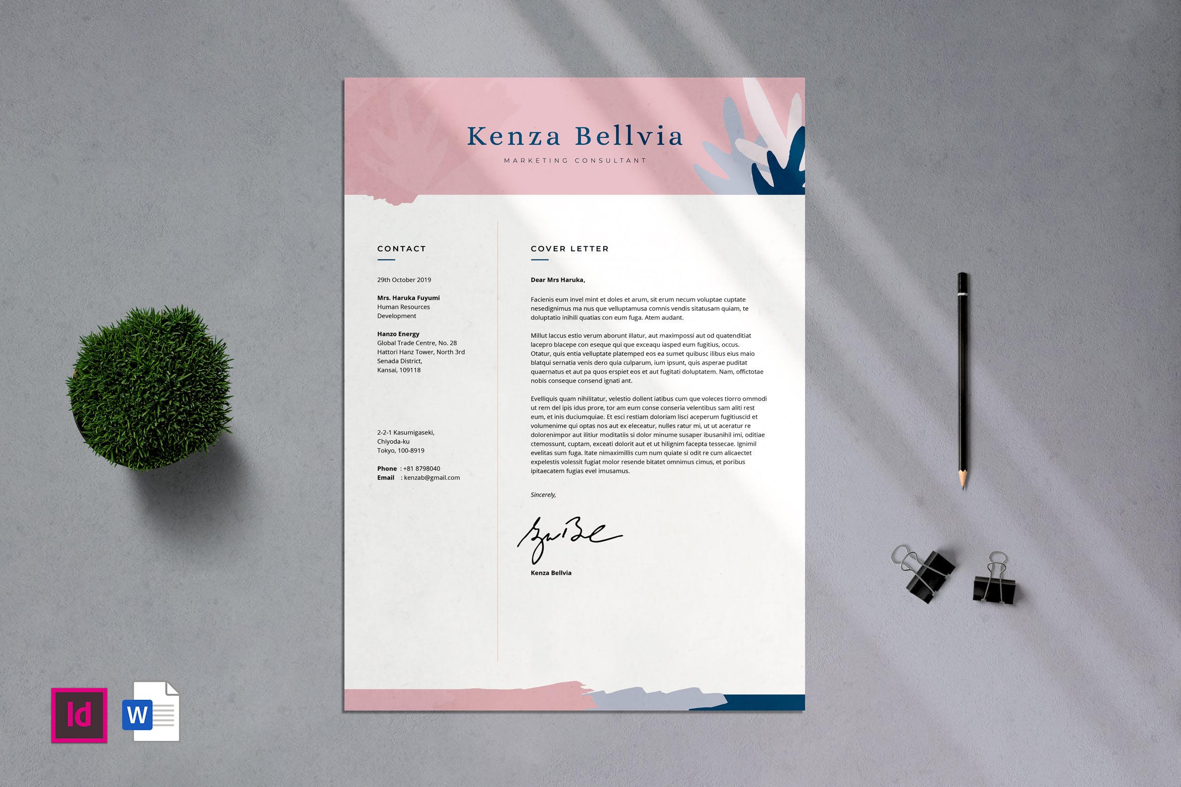 优雅水彩简约设计风格三页式个人简历设计模板 Professional CV Resume – 06