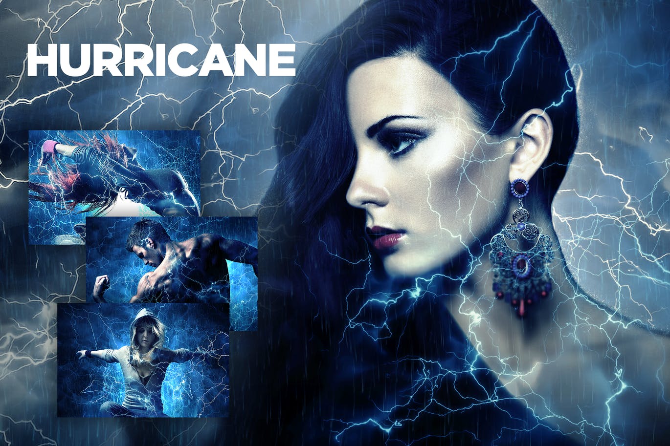 炫酷蓝色闪电雷击效果PS动作 Hurricane Photoshop Action CS2+