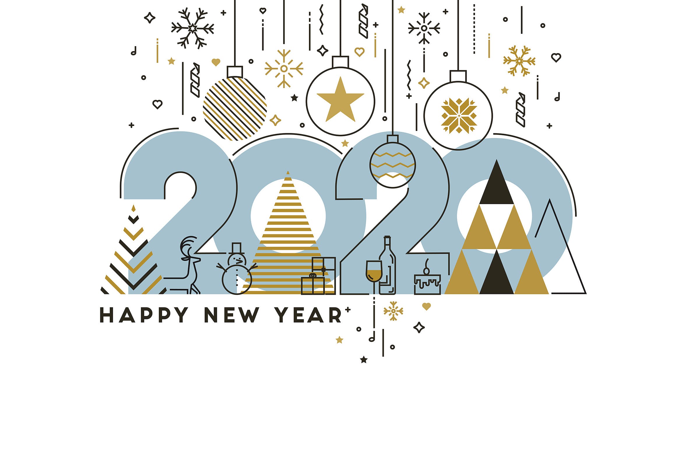 扁平设计风格彩色线条新年庆祝主题概念插画素材 Flat Thin Color Line Concept of Happy New Year