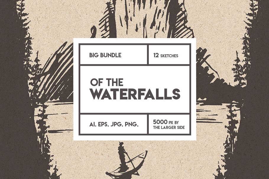 美丽瀑布素描矢量图形 Beautiful waterfalls, sketch style