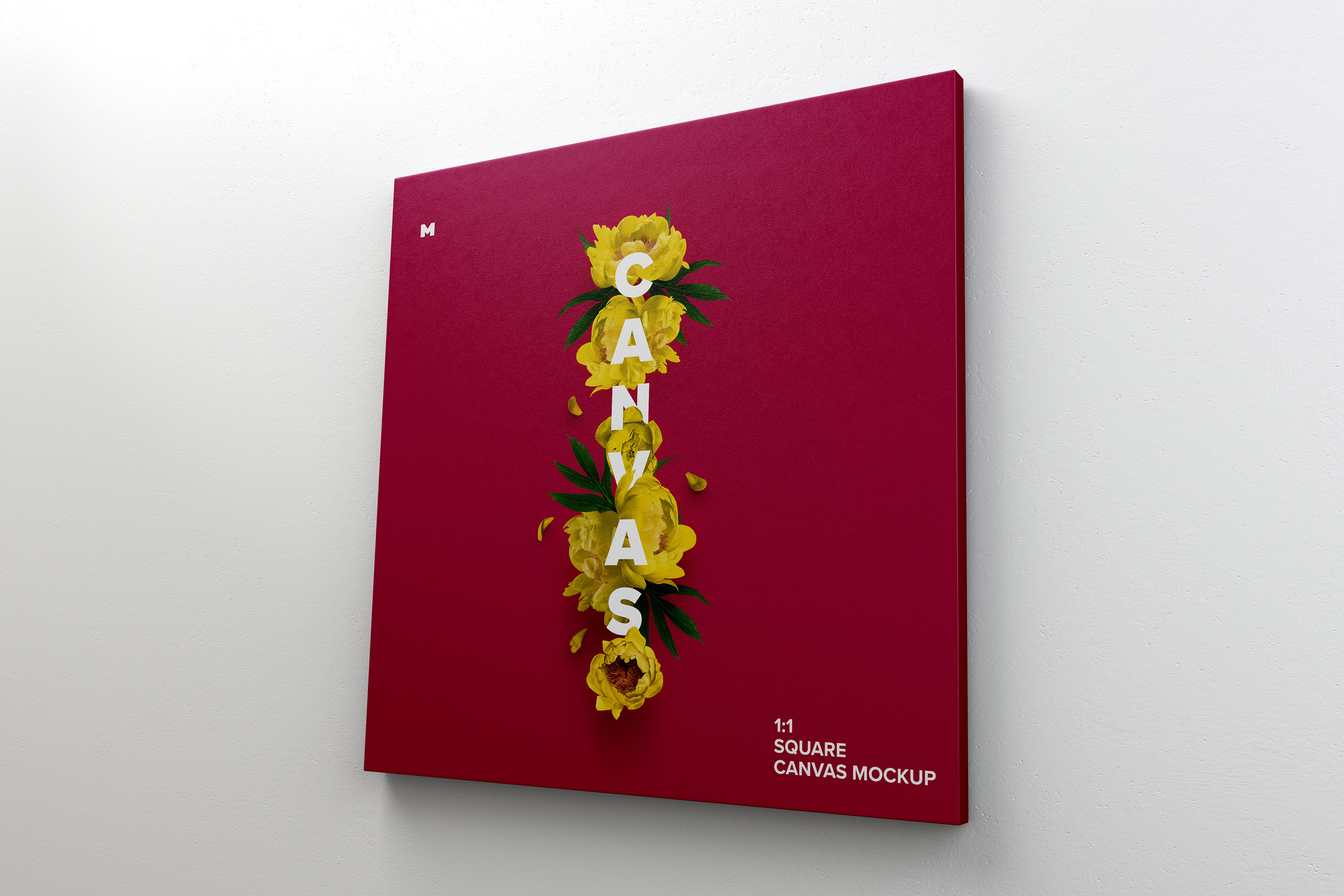 挂墙方形画布油画艺术作品展览右视图样机模板 Square Canvas Mockup Hanging on Wall, Right View