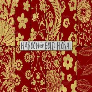 12种金箔花卉图案背景  Maroon and Gold Floral Papers