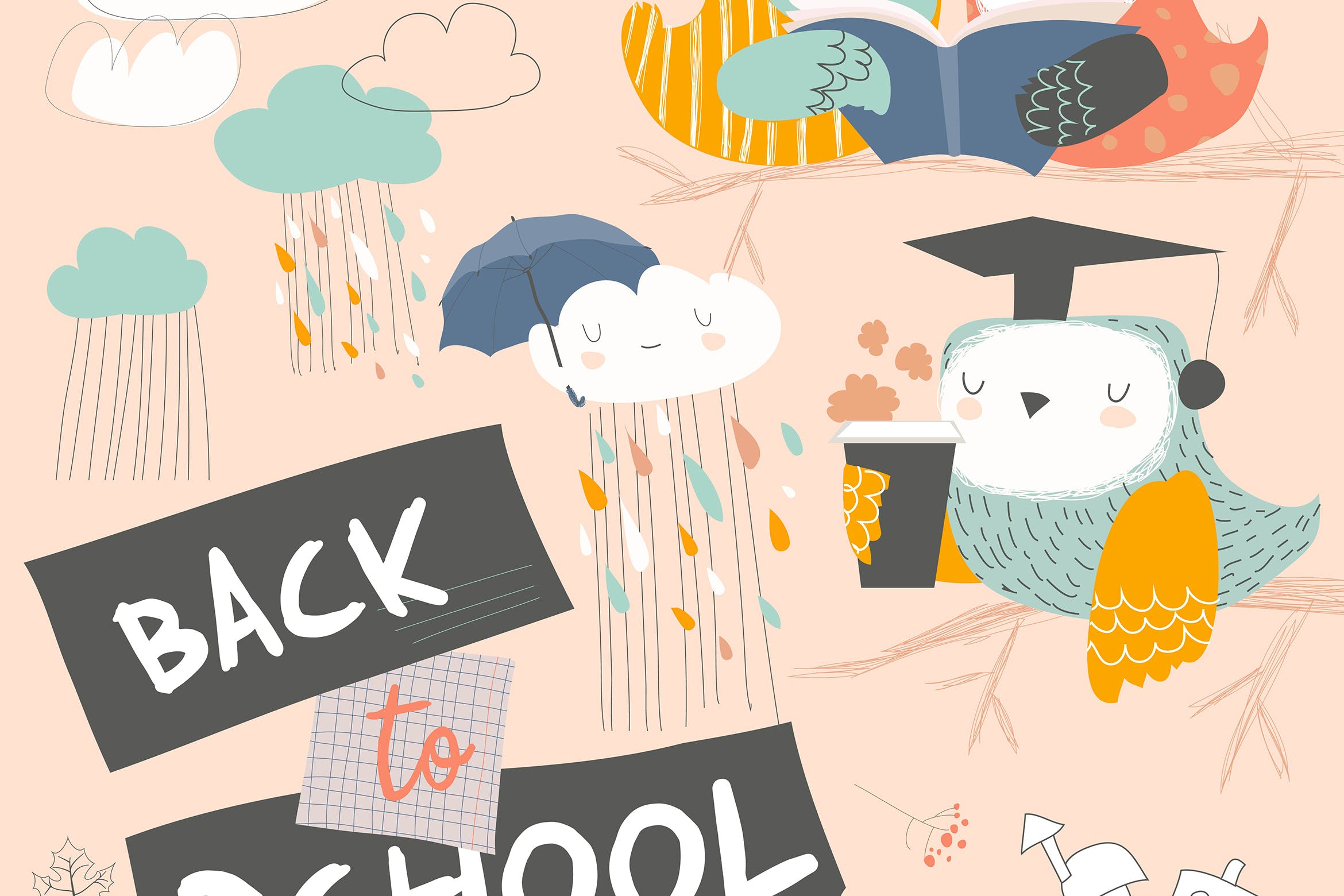 可爱手绘卡通猫头鹰矢量插画素材 Cute owls sitting on branch with books. Back to sc