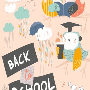 可爱手绘卡通猫头鹰矢量插画素材 Cute owls sitting on branch with books. Back to sc