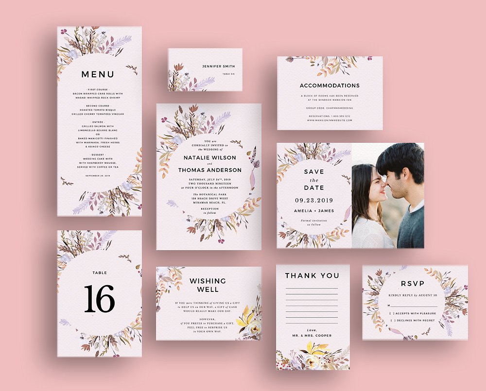 甜蜜花卉花环装饰婚礼邀请函模板 Sweet Floral Wreath Invitation Set