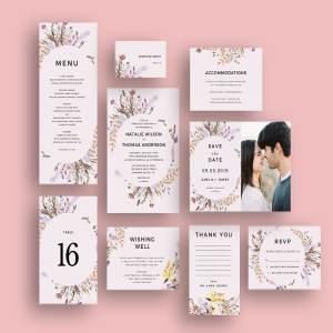 甜蜜花卉花环装饰婚礼邀请函模板 Sweet Floral Wreath Invitation Set