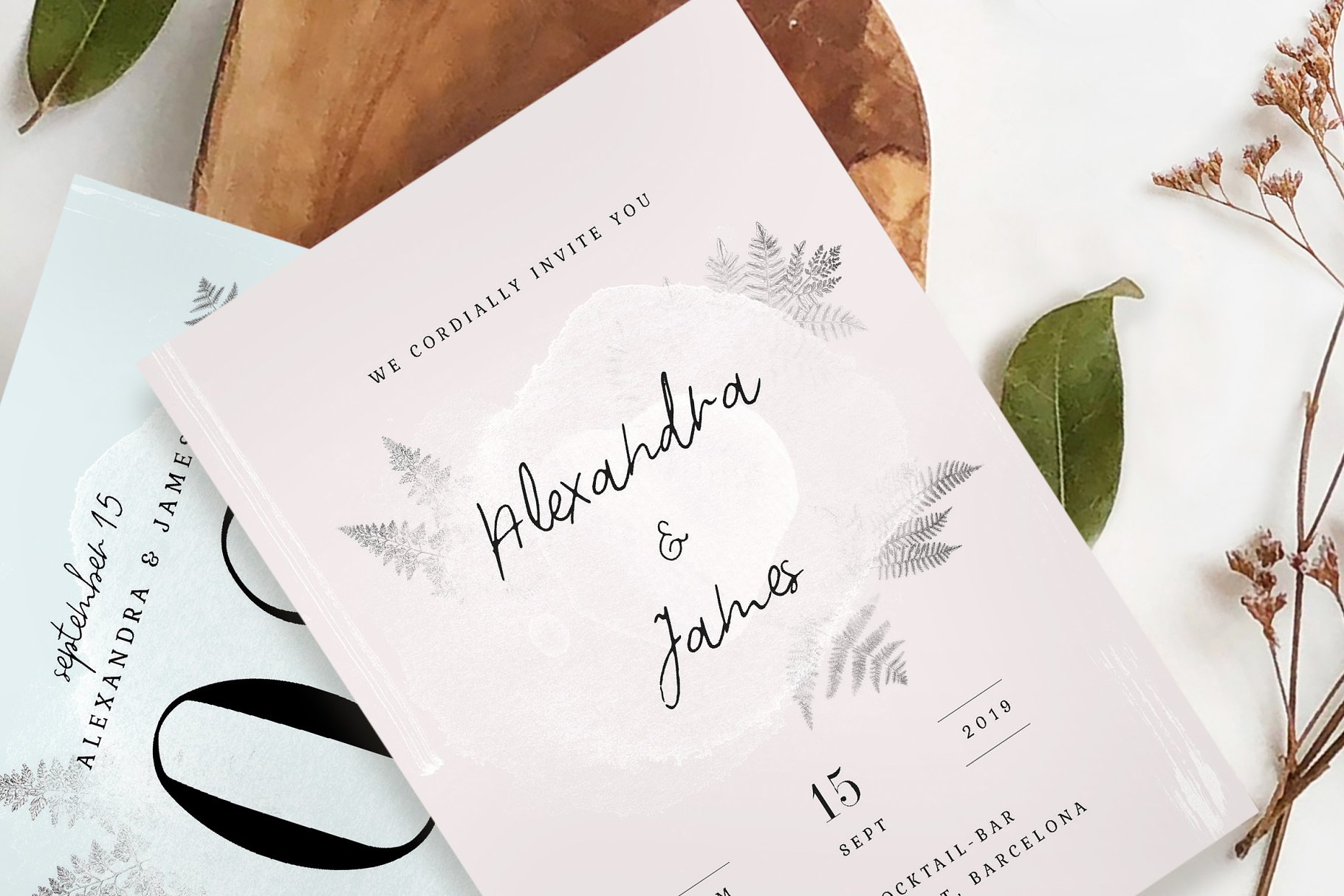 水彩画风格婚礼设计物料模板 Watercolor Sprigs Wedding Suite