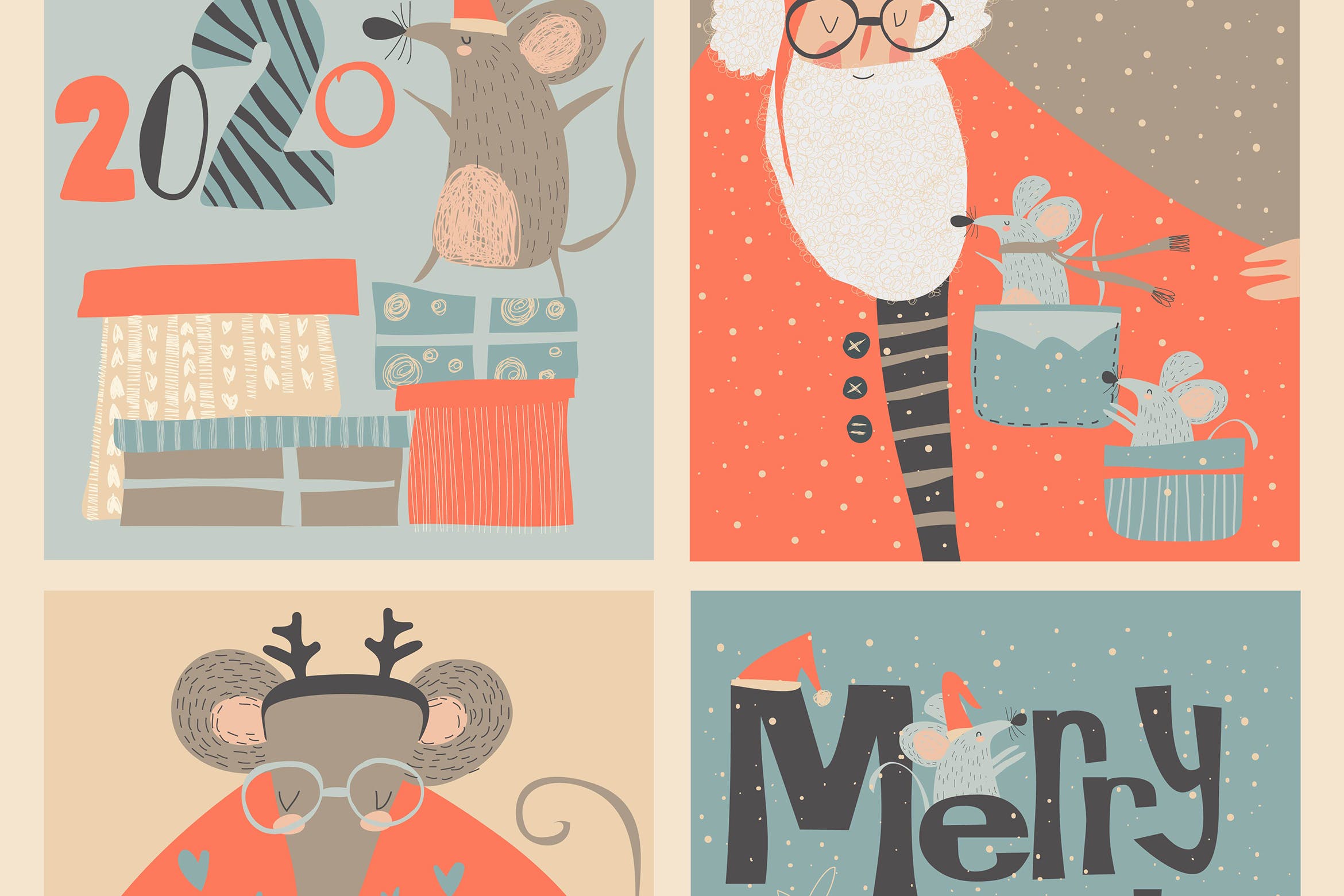 可爱卡通老鼠&驯鹿绘图案圣诞节贺卡设计模板v2 Vector set of Christmas cards with cute mouse and