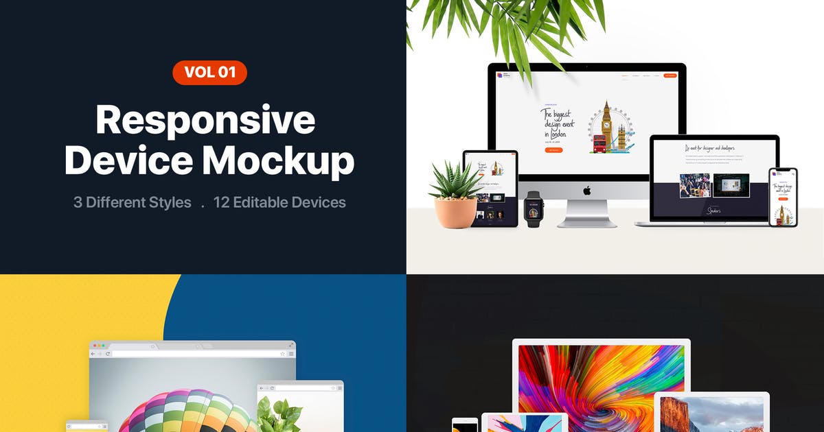 响应式设计效果图多设备预览样机模板v1 Responsive Device Mockup Vol 01