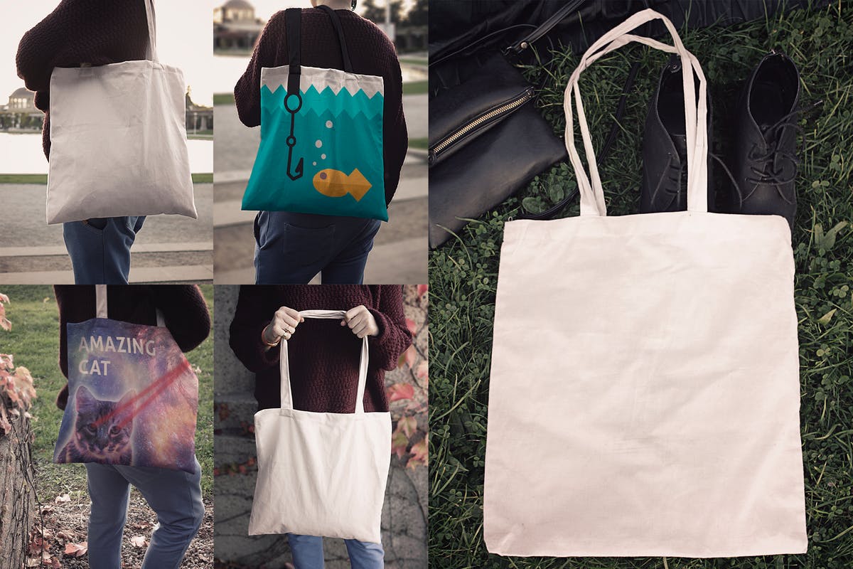 时尚麻布手提袋/购物袋样机模板 Tote Bag Mockups