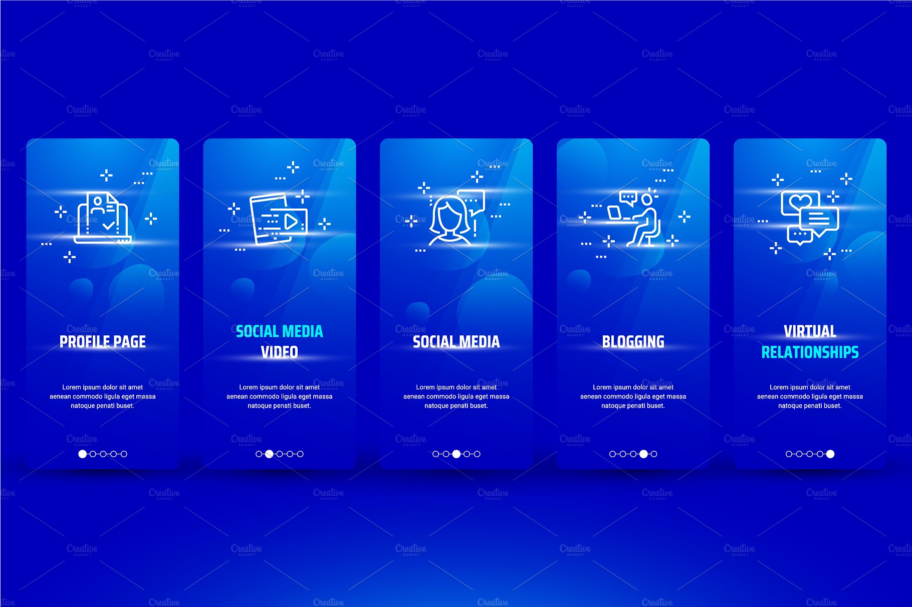 社交媒体风格元素闪屏启动界面设计模板 Social Metaphors on Blue Cards