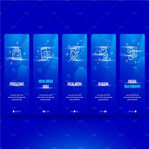 社交媒体风格元素闪屏启动界面设计模板 Social Metaphors on Blue Cards