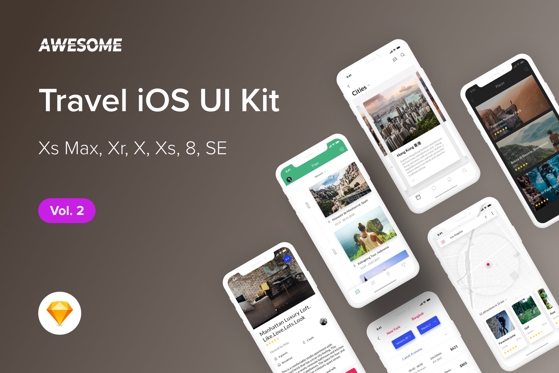旅游门户APP应用UI设计套件SKETCH素材v2 Awesome iOS UI Kit – Travel Vol. 2 (Sketch)