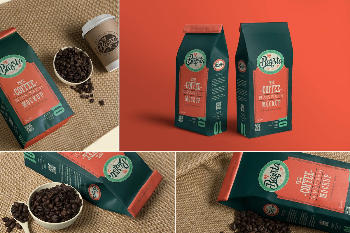咖啡豆包装袋子样机模板 4 Coffee Pouch Mockups