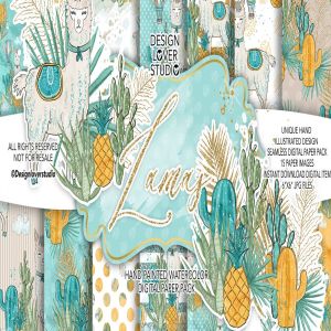 羊驼动物水彩背景图案设计素材 Lama boy digital paper pack