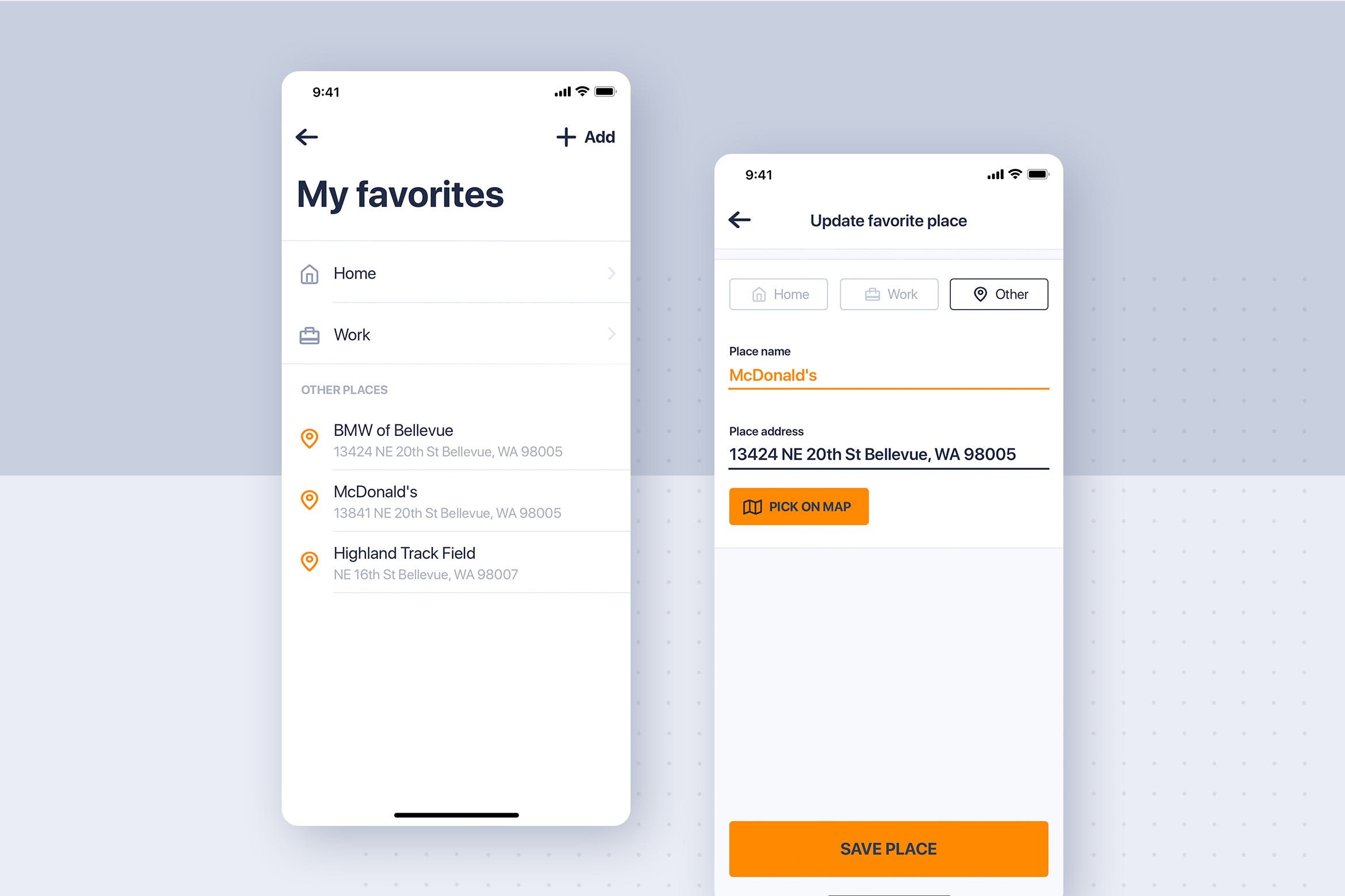 类滴滴打车APP应用常用地址收藏界面设计模板 Car rental mobile UI Kit – Update Favorites place