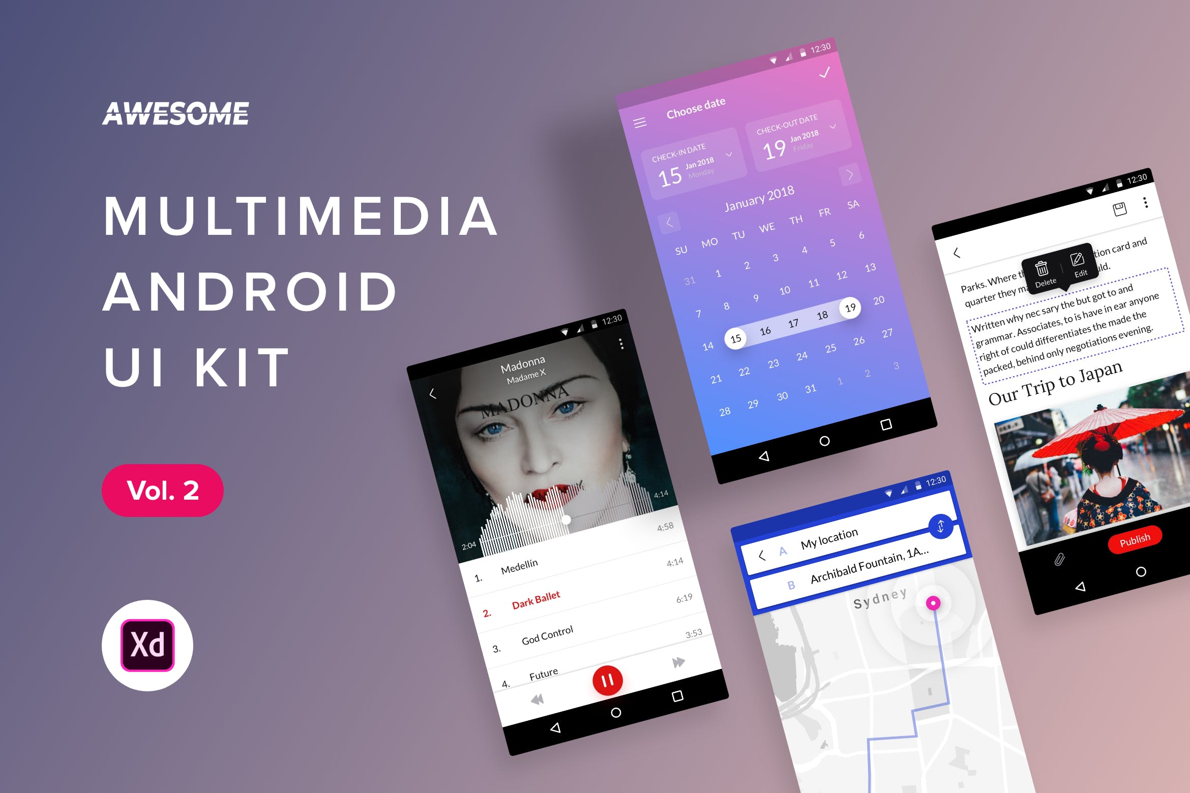 安卓平台在线听歌APP应用用户交互界面设计XD模板v2 Android UI Kit – Multimedia Vol. 2 (Adobe XD)