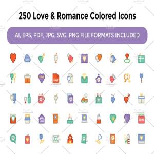 250个爱情和浪漫元素的彩色图标集合  250 Love and Romance Colored Icons