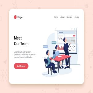 工作汇报会议主题网站首页设计概念插画 Meet our team flat web template for Landing page