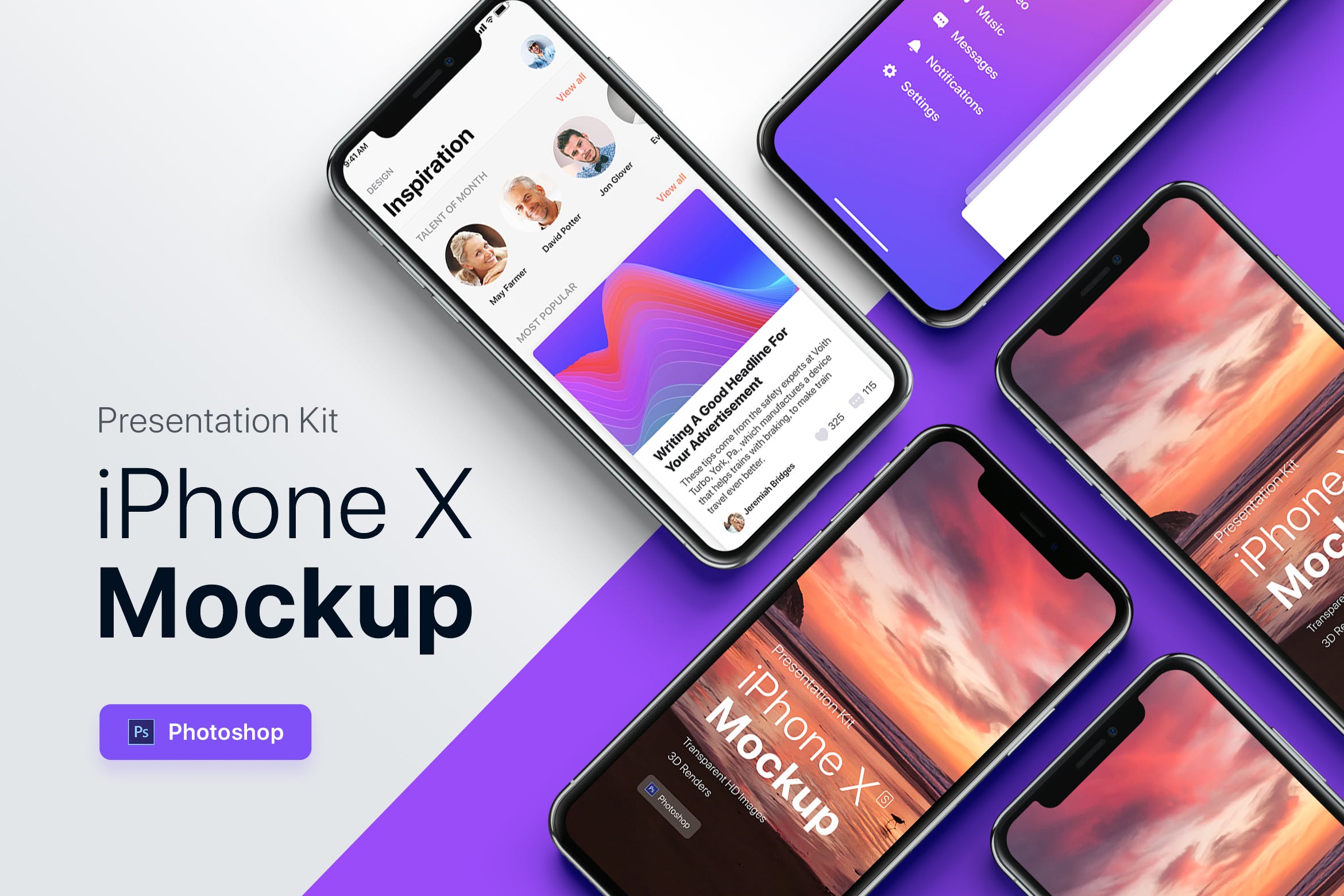 APP界面设计截图预览iPhone X手机样机模板v2 Presentation Kit – iPhone showcase Mockup