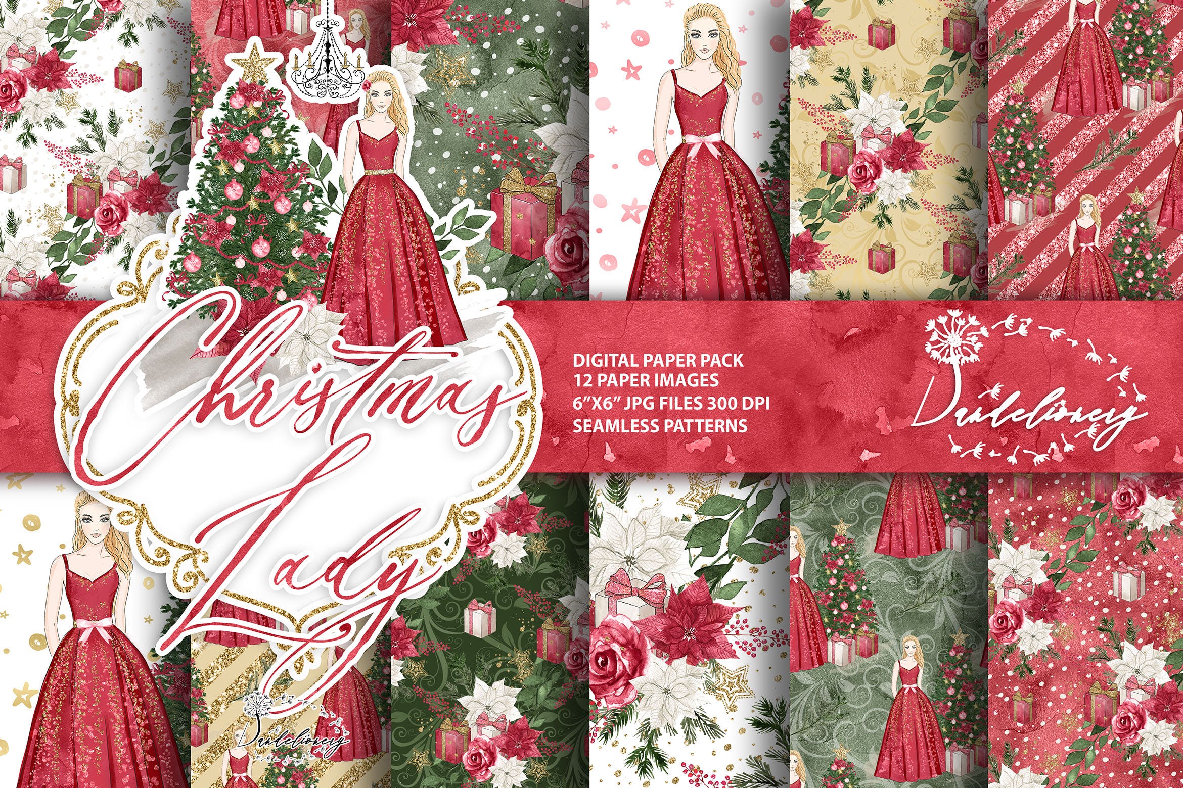 圣诞节&美女手绘图案数码纸张背景素材 Christmas Lady digital paper pack