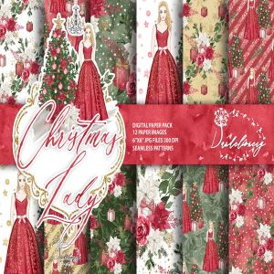 圣诞节&美女手绘图案数码纸张背景素材 Christmas Lady digital paper pack