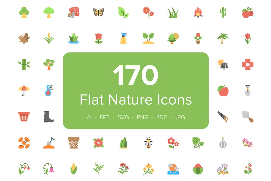 170个扁平化大自然植物彩色图标 170 Flat Nature Icons