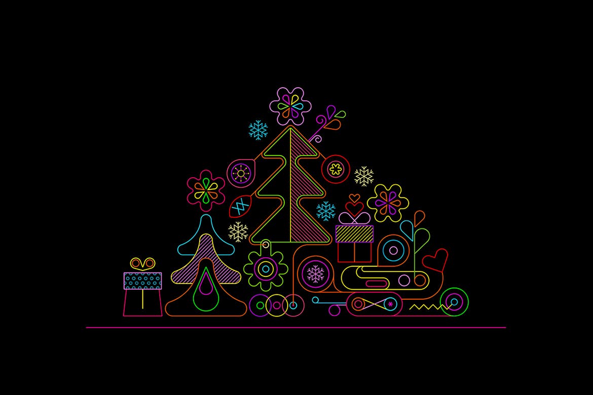 霓虹灯圣诞树线条艺术矢量插画素材 Christmas Tree Neon Design + 2 line art options