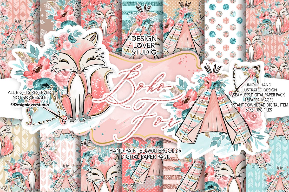 波西米亚风格狐狸无缝图案设计素材 Boho Fox digital paper pack