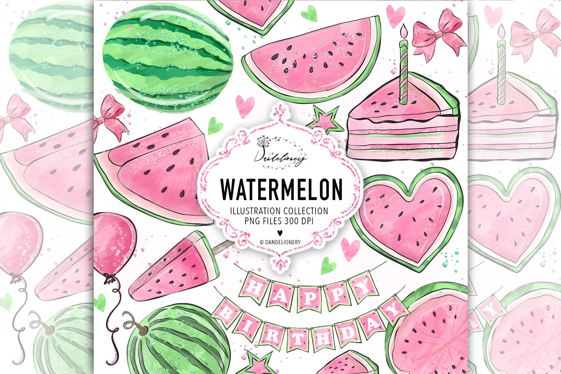 粉色西瓜瓣水彩剪贴画PNG素材 Watercolor Pink Watermelon Clipart