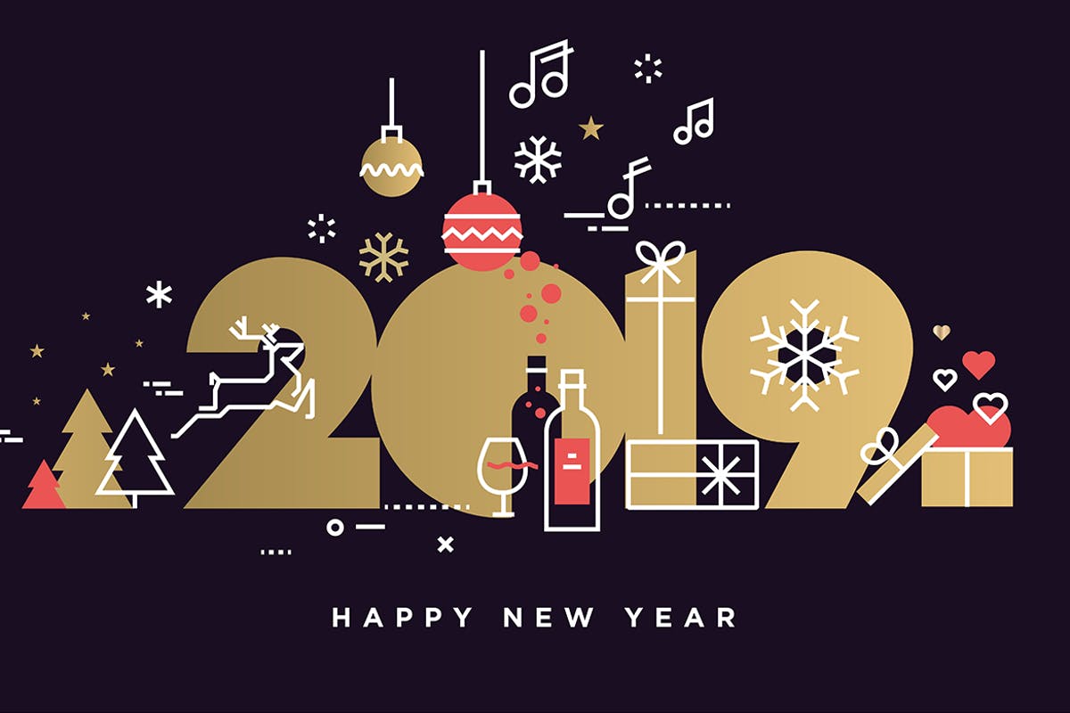 2019年渐变色字体新年贺卡海报设计模板[暗夜背景] Happy New Year 2019