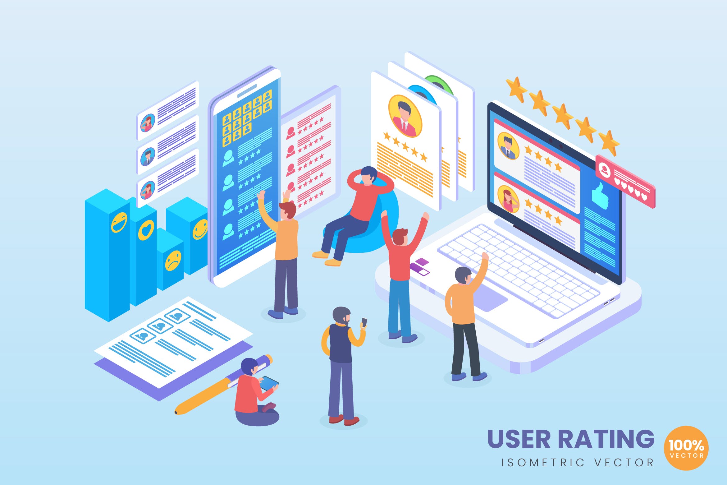 用户评论评分场景2.5D矢量等距概念插画 Isometric User Review Vector Concept