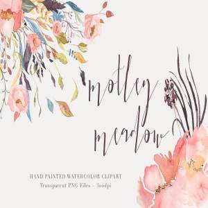 混色水彩花卉剪贴画 Watercolor Floral Clipart – Motley