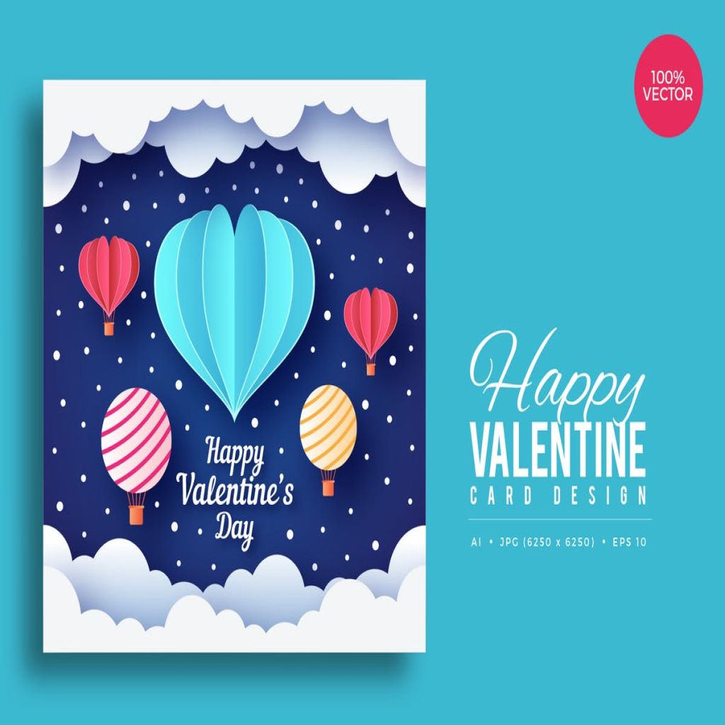 创意热气球星空情人节主题矢量贺卡模板v5 Paper Art Valentine Square Vector Card Vol.5插图